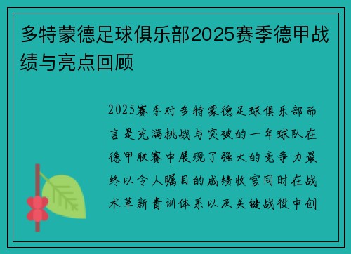 多特蒙德足球俱乐部2025赛季德甲战绩与亮点回顾